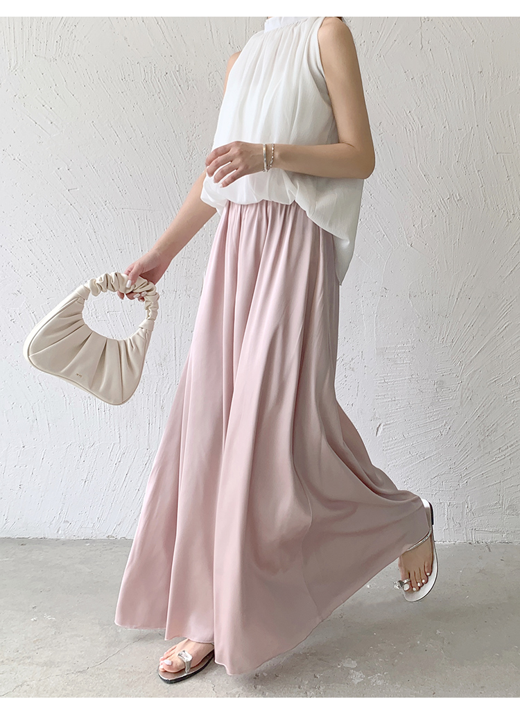 Womens elastic waist loose long pants wide leg satin fabric palazzo summer trousers SMLXL