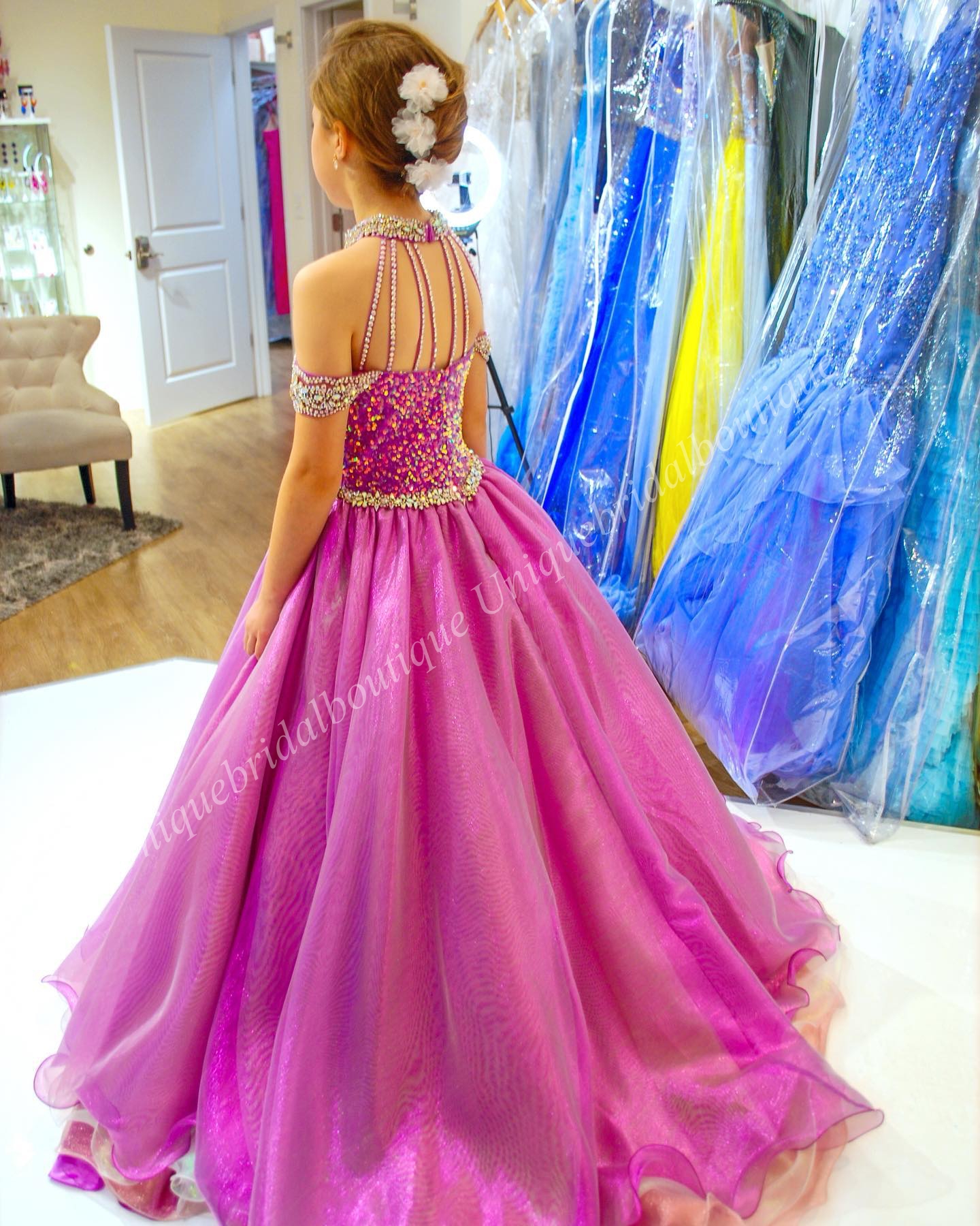 2023 Girls Pageant Dresses unicorn Plus Size Zipper Halter Neck Real-Picture Beading Organza Little Girl Birthday Junior Prom Gown Crystal AB Stones R