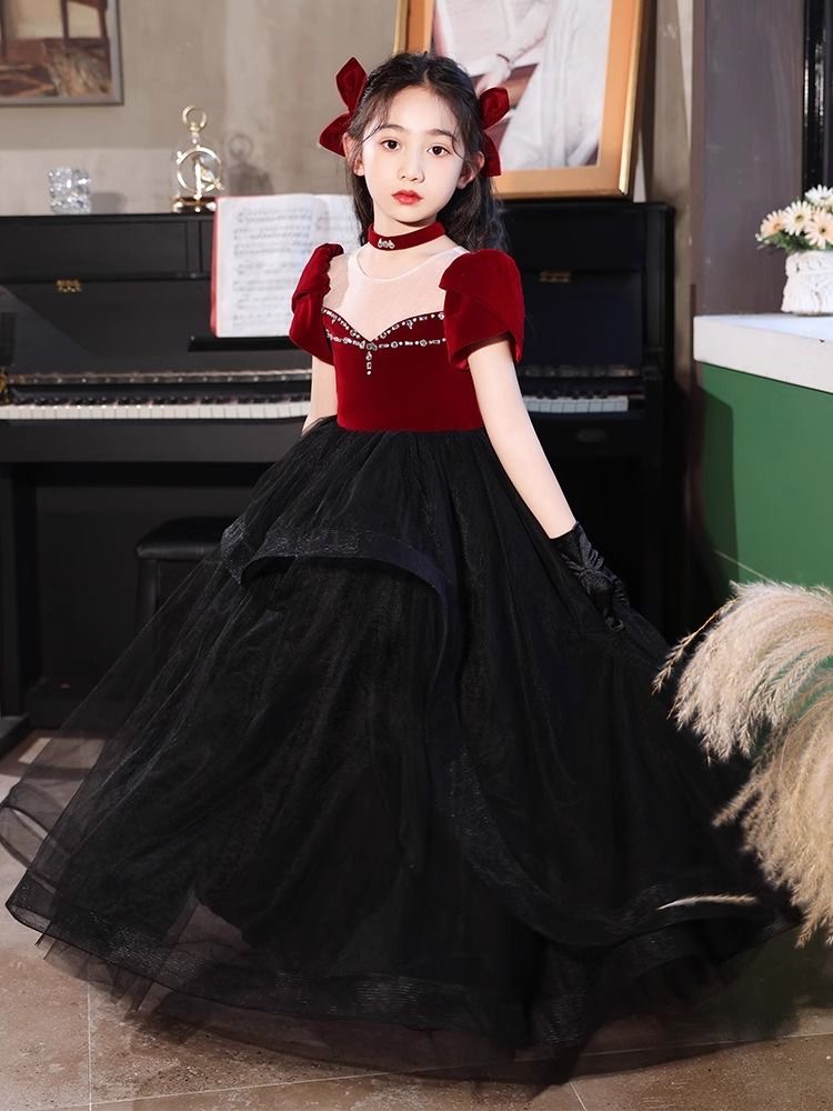 Years Red Black Flower Dresses For Wedding New Arabic Crystals Princess Cap Sleeves First Communion Kids Prom Dress Girls Pageant Gowns 403