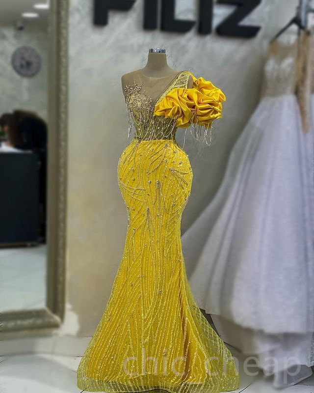 Aso April Ebi Yellow Mermaid Prom Crystals Beaded Sexy Evening Formal Party Second Reception Birthday Engagement Gowns Drs Robe De Soiree ZJ Lz0304