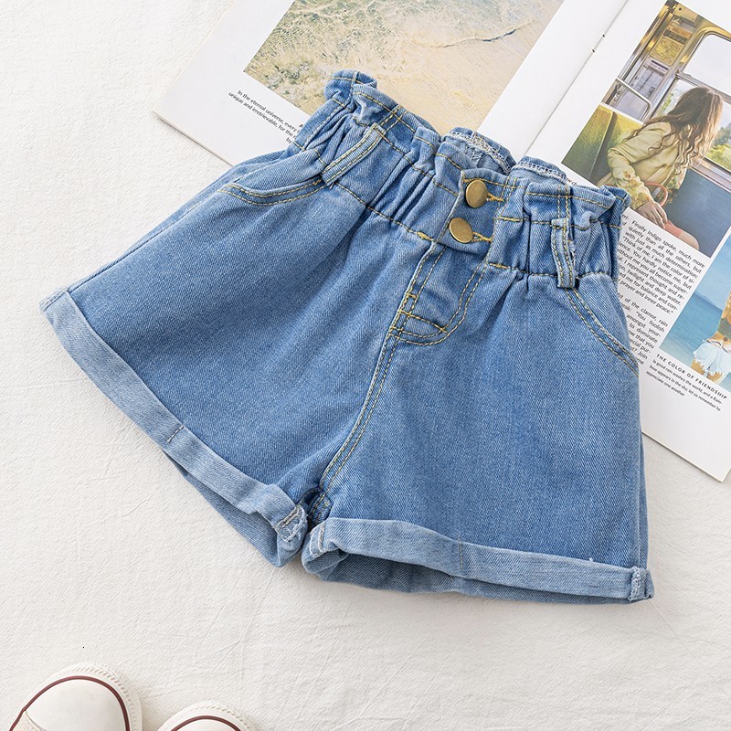 Shorts Summer Denim Shorts for Girls High Waist Elastic Toddler Girls Teenage Children's Jeans Hem Fashion Blue White Kids Pant 230417