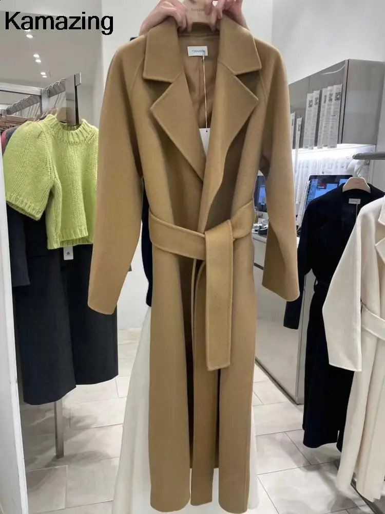 Women's Wool Blends Women Elegant Long Woolen Coat with Belt Autumn Winter Fashion Solid Long Sleeve Chic Outerwear Ladies Casual Overcoat 231116