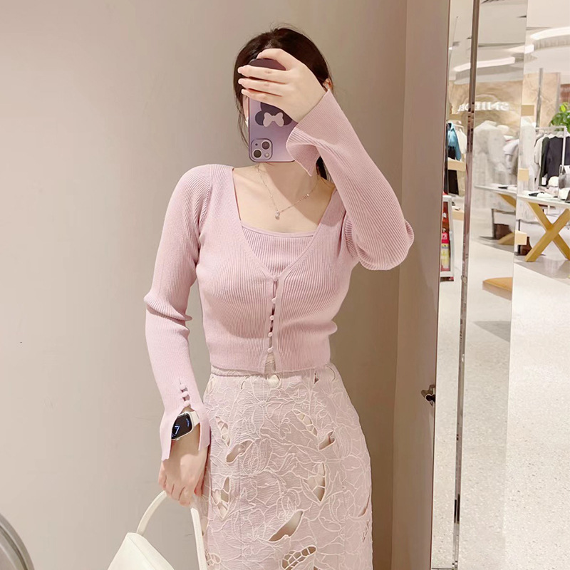 Women's TShirt Kuzuwata Japanese Solid Color Slim V Neck Cardigan Vests Twopiece Suits 2023 Early Spring Sweet Outerwear Long Sleeve Top Women 23