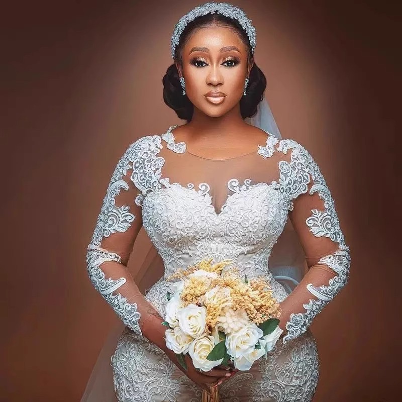 2023 Arabic White Mermaid Wedding Dresses long Train gillter Beaded Crystals illusion long sleeve Bridal Gowns turkish wed dress new lace plus size Ve