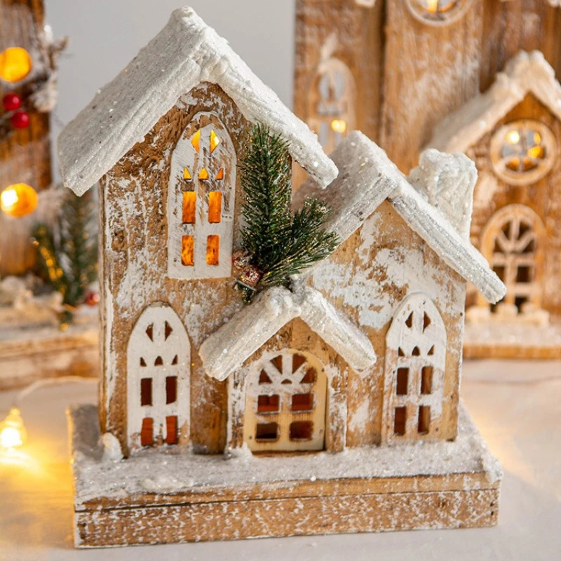 Decorations Wooden House LED Glowing Log Cabin Ornaments Miniature Snow Scene Village Houses Christmas gifts