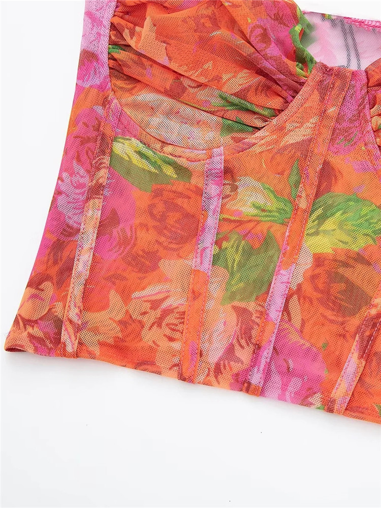 Women's Tanks Camis TRAF Floral Tulle Corset Top Mesh Crop Woman Off Shoulder Bustier Sexy s Y2k Backless Tank s For 230417