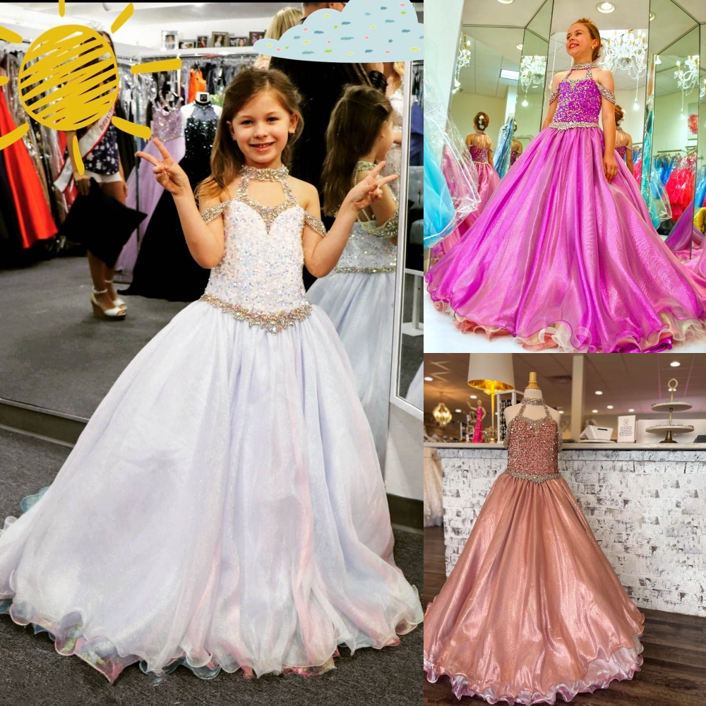 2023 Girls Pageant Dresses unicorn Plus Size Zipper Halter Neck Real-Picture Beading Organza Little Girl Birthday Junior Prom Gown Crystal AB Stones R