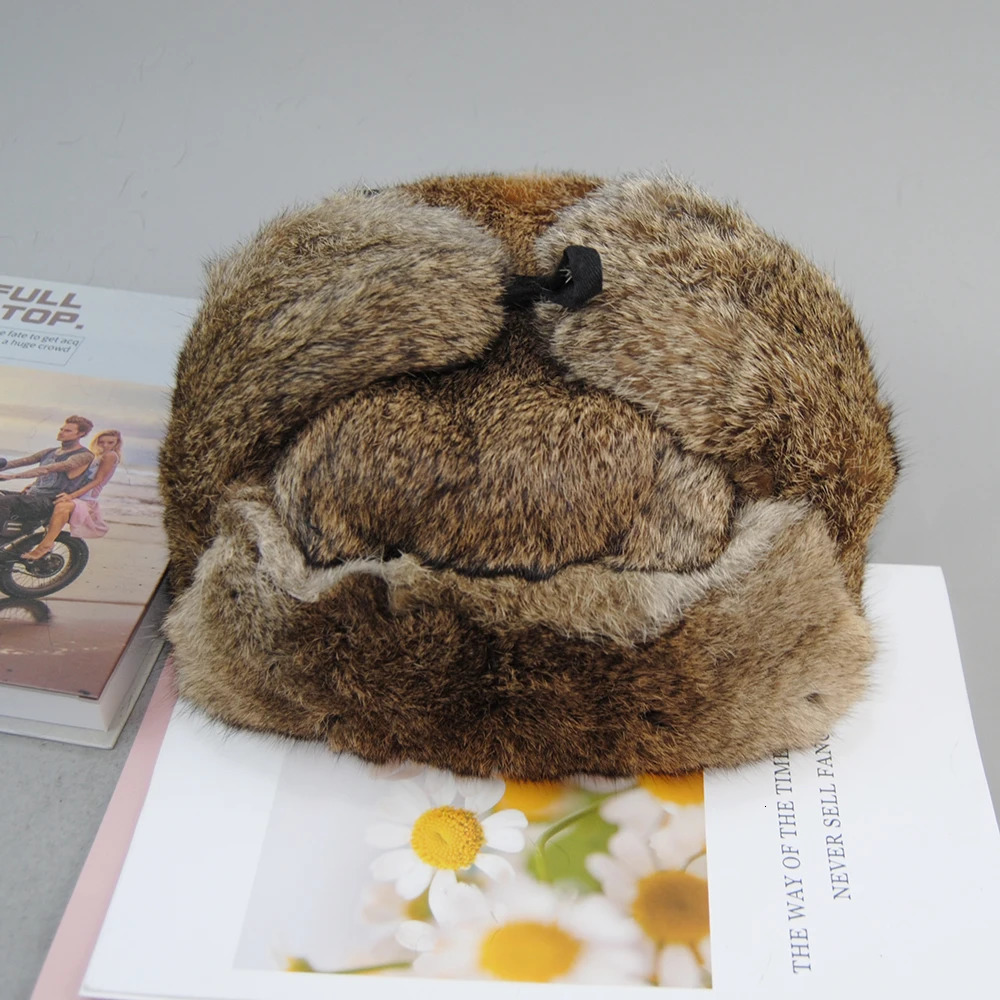 BeanieSkull Caps Men's Warm Natural Rabbit Fur Bomber Hat With Earflaps Winter Men Russian Ushanka Real Hats 231117