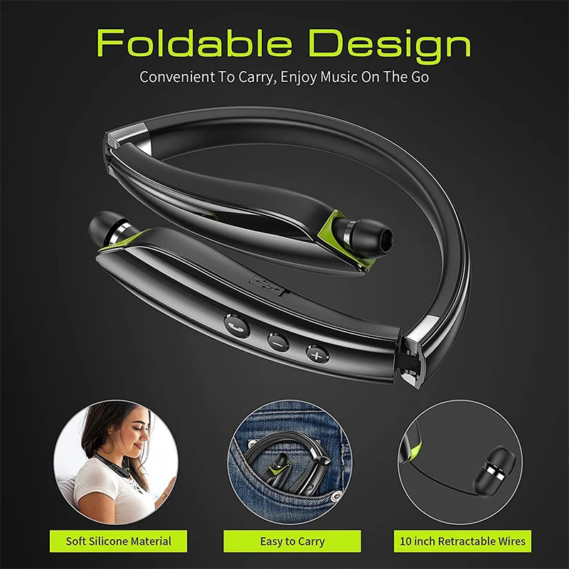 Cell Phone Earphones Neckband Bluetooth Headset Wireless Retractable Headphones Foldable Earbuds Noise Cancelling Hifi Stereo Sound With Carry Case 23