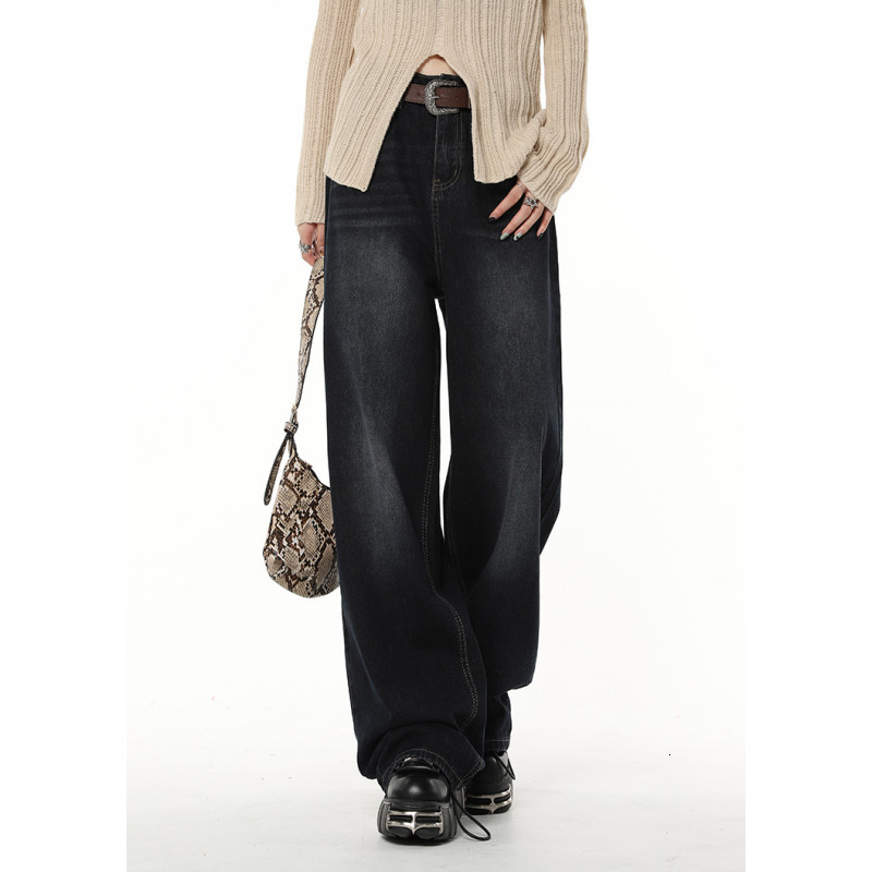 Women's Jeans Navy Blue High Waist Women Jeans American Fashion Vintage Streetwear Style Wide Leg Jean Female Denim Trouser Baggy Denim Pants 230