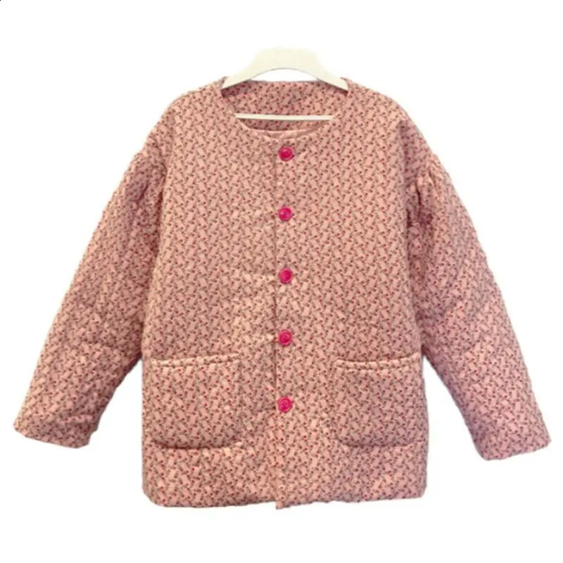 Women's Down Parkas Korej Korean Style Winter Coat Women Round Neck Floral Printed Pink Parka Mujer Outwear Sweet Warm Pockets Jackets Clothes 23