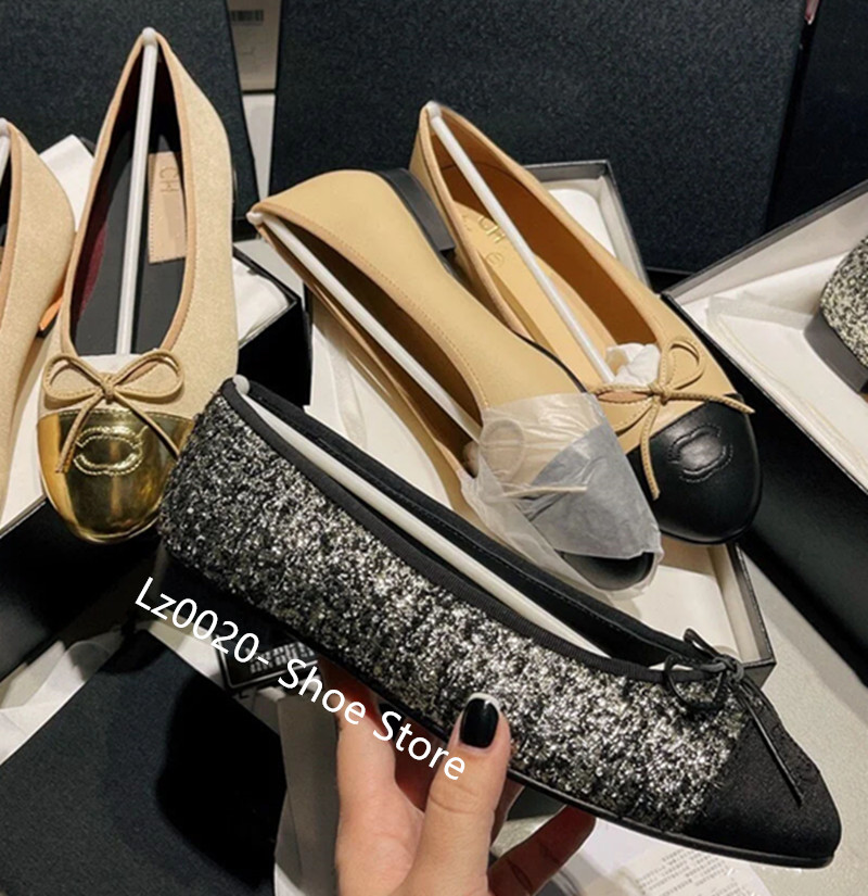 Ballet Shoes Classic Designer Shoes Dress Women's Shoes Pink Black White Leather Tweed Cloth Two Color Splice Bow Round Head Formal Shoes Nude Color Women's Brand Shoes
