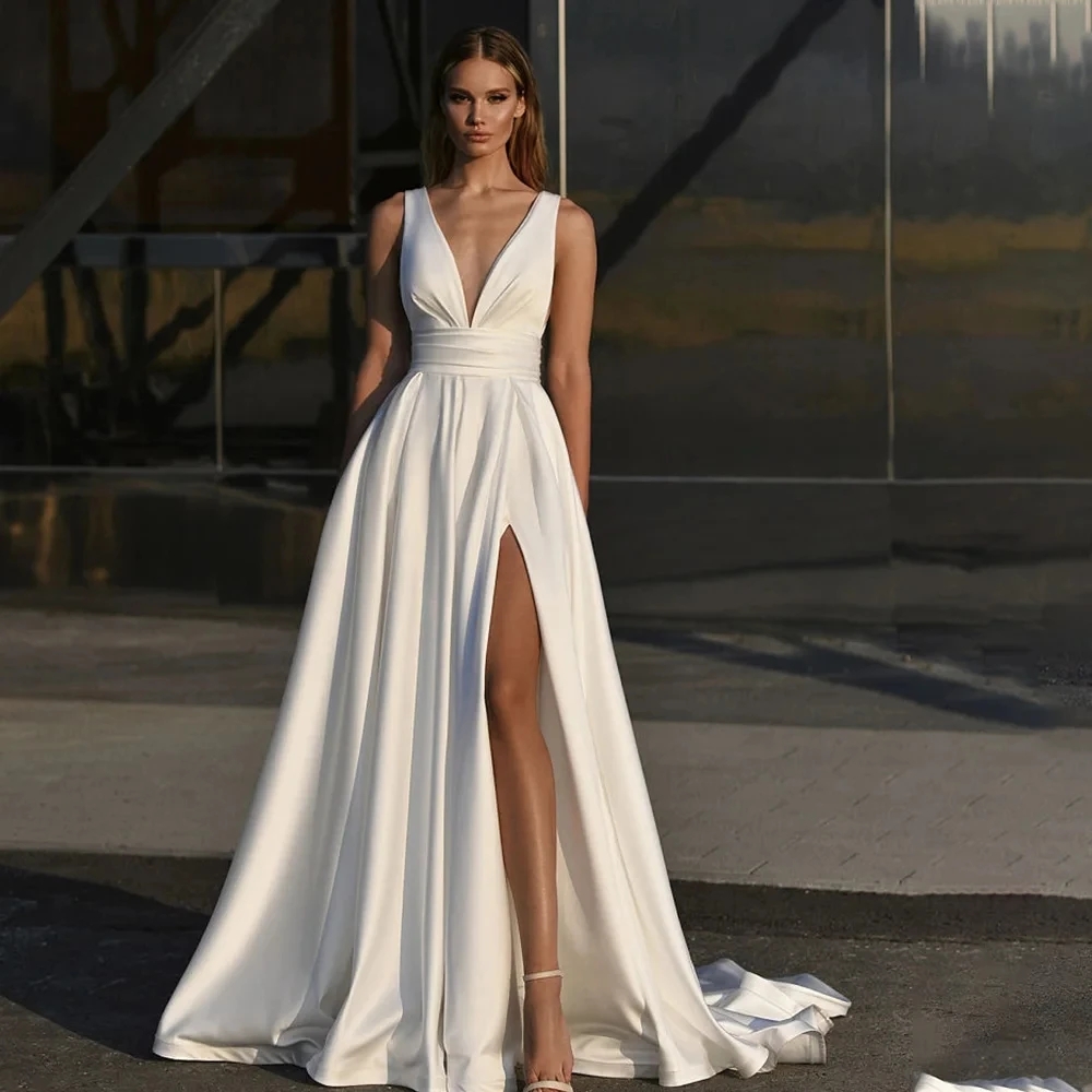 2024 Simple A-Line Wedding Dress Satin Side Slit Floor Length Bride Gowns Custom Made To Measure For women Robe De Mariee