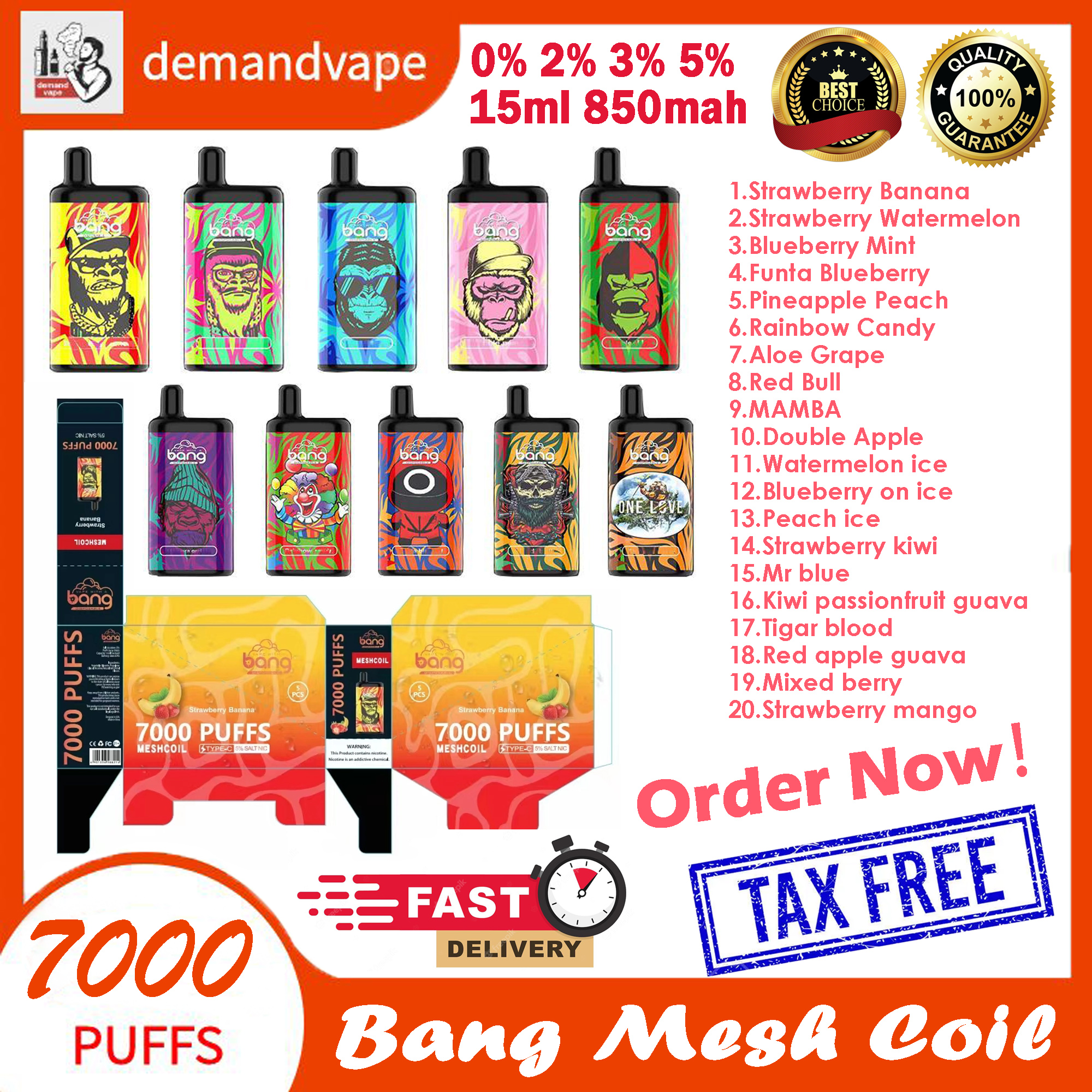 Original Bang Mesh Coil 7000 Puff Bar E Cigarettes 0% 2% 3% 5% Level 15ml Pre-filled Pods Cartridge 850mAh Rechargeable Battery 7k Puffs Disposable Vape Pen
Original Bang Mesh Coil 7000 Puff Bar E Cigarettes 0% 2% 3% 5% Level 15ml Pre-filled Pods Cartridge 850mAh Rechargeable Battery 7k Puffs Disposable Vape Pen