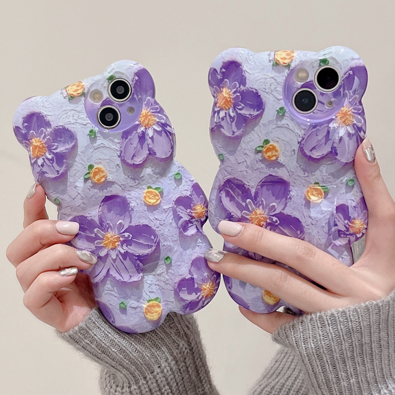 3D Cute Cartoon Bear Cases Pink Ice Cream Melting Graffiti Flowers Butterfly For iPhone 14 13 Pro Max 13 12 11 Pro X XR XS Max Silicone Protective Sho