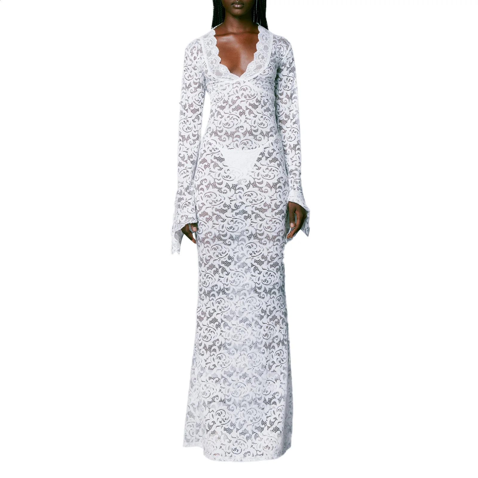 Basic Casual Dresses Women Long Fitted Dress Long Sleeve V Neck Seethough Evening Dress Lace Floral Party Dress 231116
