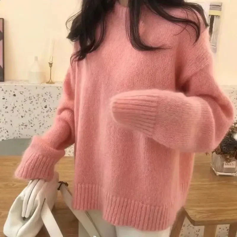 Women's Sweaters Vintage Women Solid Autumn Winter O Neck Long Sleeve Pullovers Tops Korean Fashion Soft Thick Oversized Knitted Sweater 231116