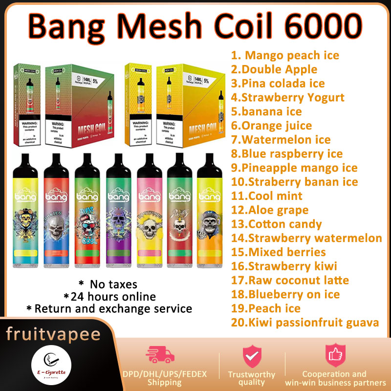 Original Bang Mesh Coil 6000 Puffs Disposable Vape E Cigarette Rechargeable Disposable Vape Pen 0% 2% 3% 5% Pod PuffsWith 1100mAh Type-C Port Battery 14ml Prefilled Tank
Original Bang Mesh Coil 6000 Puffs Disposable Vape E Cigarette Rechargeable Disposable Vape Pen 0% 2% 3% 5% Pod PuffsWith 1100mAh Type-C Port Battery 14ml Prefilled Tank