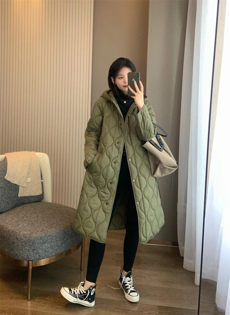Women's Down Parkas Midlength quilted parka for women Hooded Aline version lightweight warm thin cottonpadded jacket ladies 231116