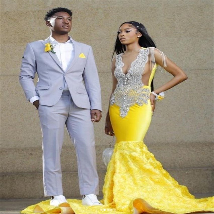 Gorgeous Crystal Yellow Prom Dress For Black Women Plus Size Mermaid 3D Floral Evening Gowns Elegant Birthday Formal Party Wear 2023 Robes De Bal Vest
