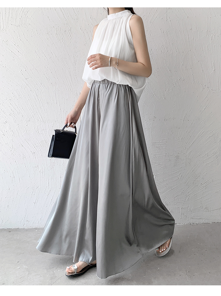 Womens elastic waist loose long pants wide leg satin fabric palazzo summer trousers SMLXL