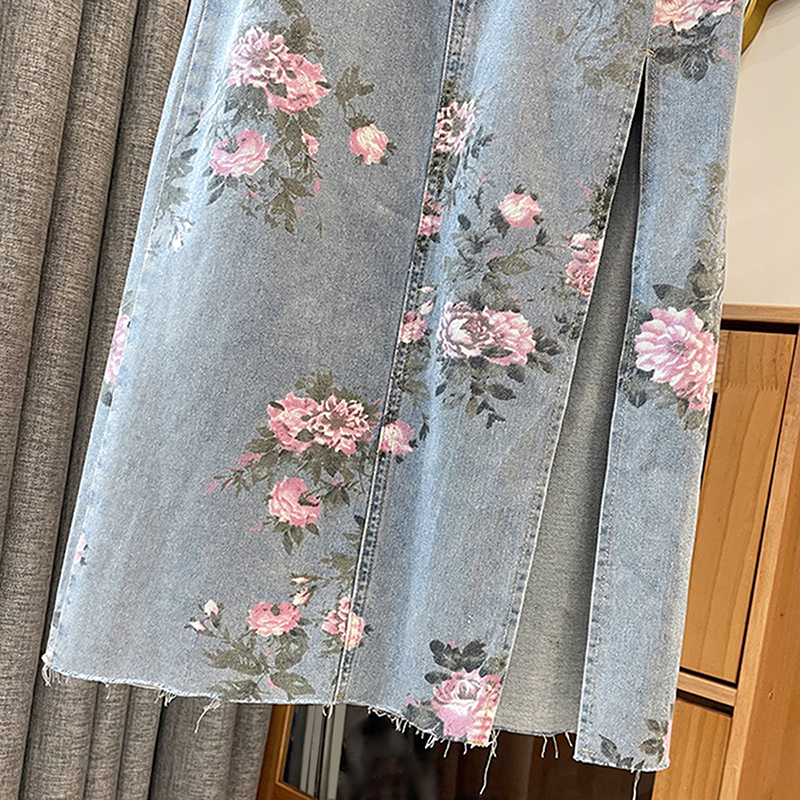 Skirts Women Denim Skirts Summer Floral Print High Waist Split A-Line Skirt Streetwear All-match Casual Jeans Skirt Female 230417