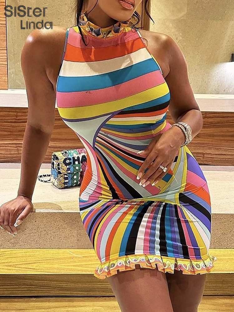 Casual Dresses Sisterlinda Colorful Print Bodycon Mini Women Sleeveless Turtleneck Unique Ruched Trend Chic Birthday Party Hip Skirks 230417