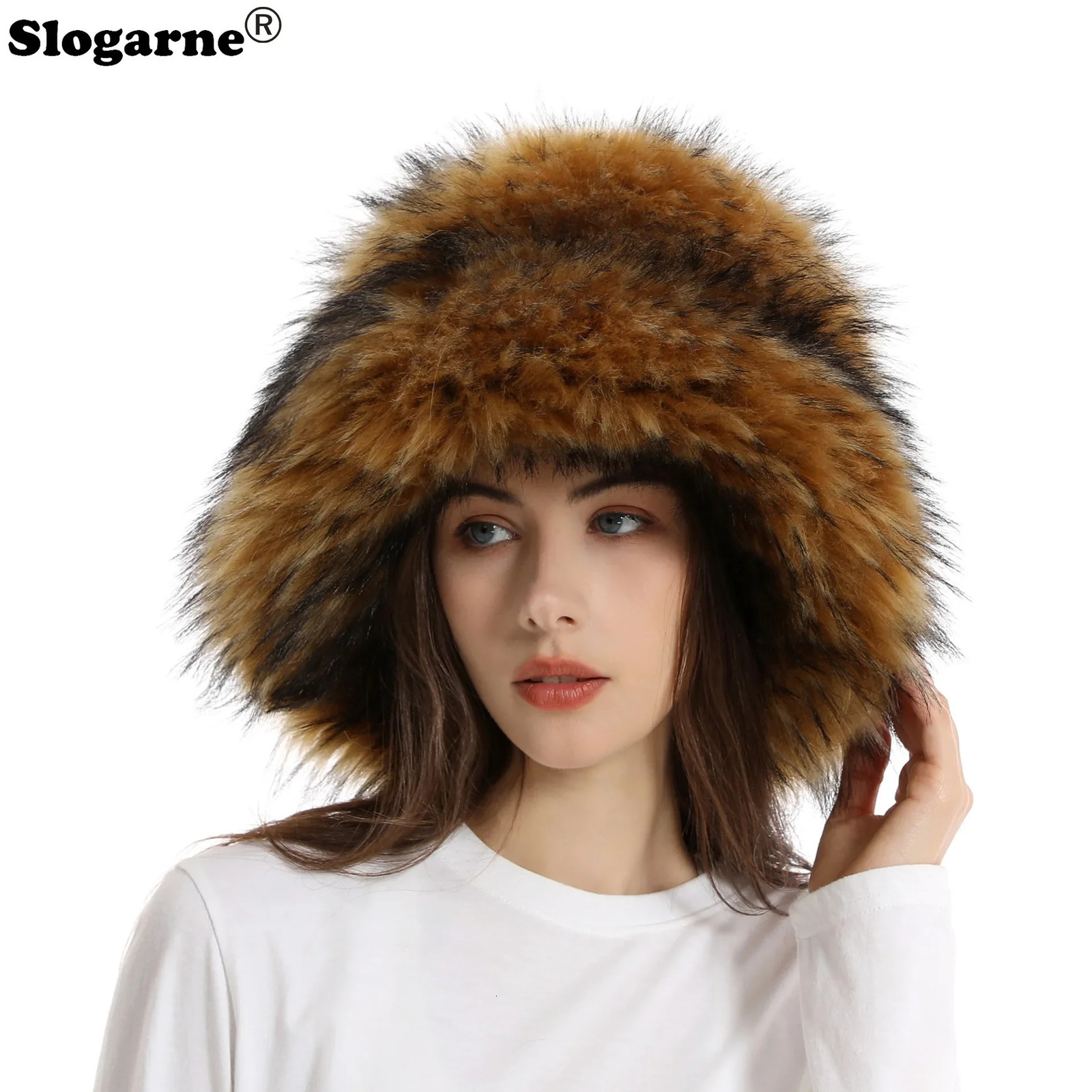 Wide Brim Hats Bucket Girls Winter Faux Raccon Big Basin Fur Hat Female Warm Raccoon for Europe United States Free Drop 231117