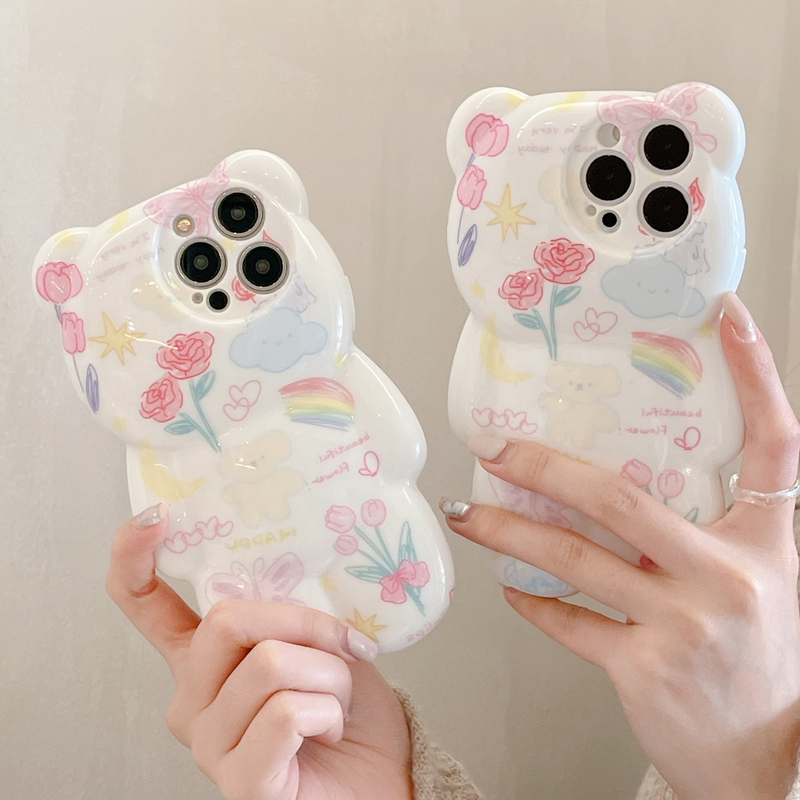 3D Cute Cartoon Bear Cases Pink Ice Cream Melting Graffiti Flowers Butterfly For iPhone 14 13 Pro Max 13 12 11 Pro X XR XS Max Silicone Protective Sho