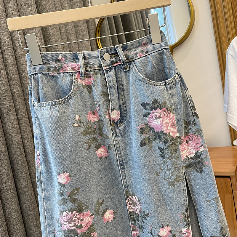 Skirts Women Denim Skirts Summer Floral Print High Waist Split A-Line Skirt Streetwear All-match Casual Jeans Skirt Female 230417