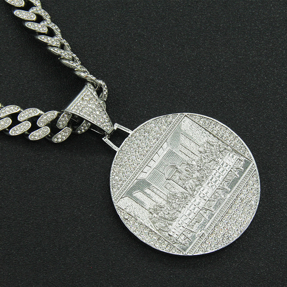 Pendant Necklaces Hip hop exaggerated diamond embellished large round label pendant necklace trendy men punk domineering cool Cuba chain accessory 210