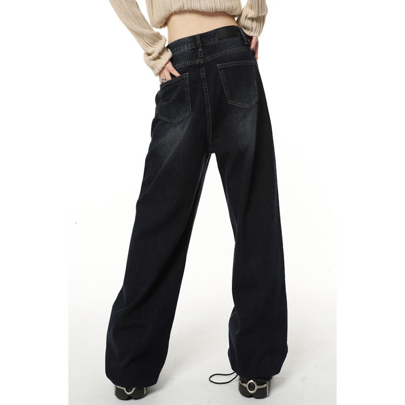 Women's Jeans Navy Blue High Waist Women Jeans American Fashion Vintage Streetwear Style Wide Leg Jean Female Denim Trouser Baggy Denim Pants 230