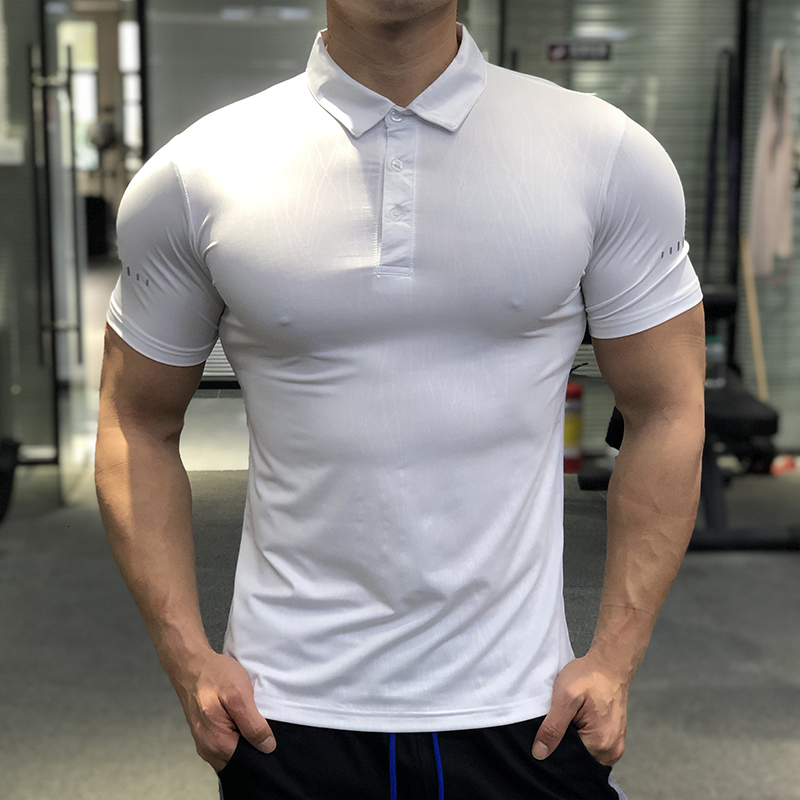 Men's Polos Running Gym Men T Shirt Casual short Sleeve Slim compression Tees elastic T-shirt Sports Fitness Quick dry Polo grain T Shirt 230417