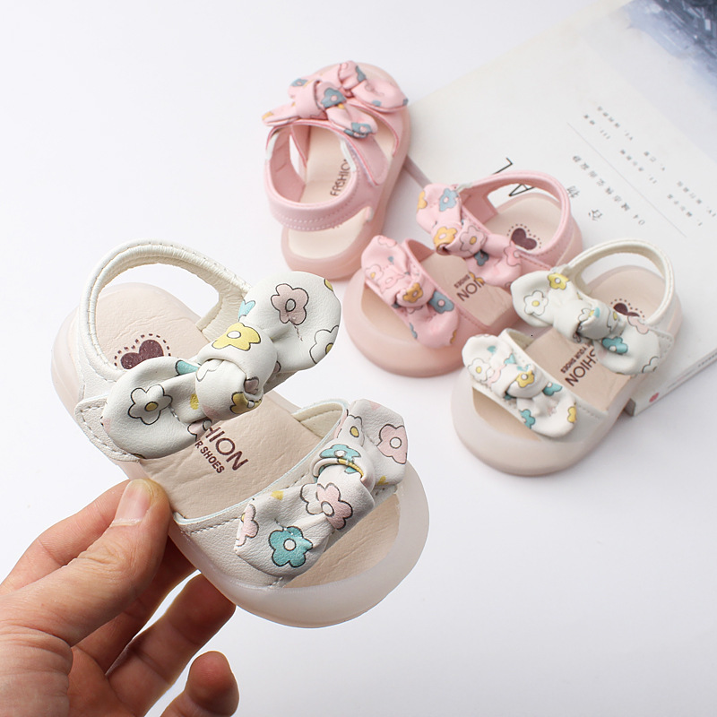 Sandals Summer Sweet Princess Shoes Baby Fashion Breathable Flower Print Bowtie Toddler Shoes Soft Bottom Girls' Sandals 230417