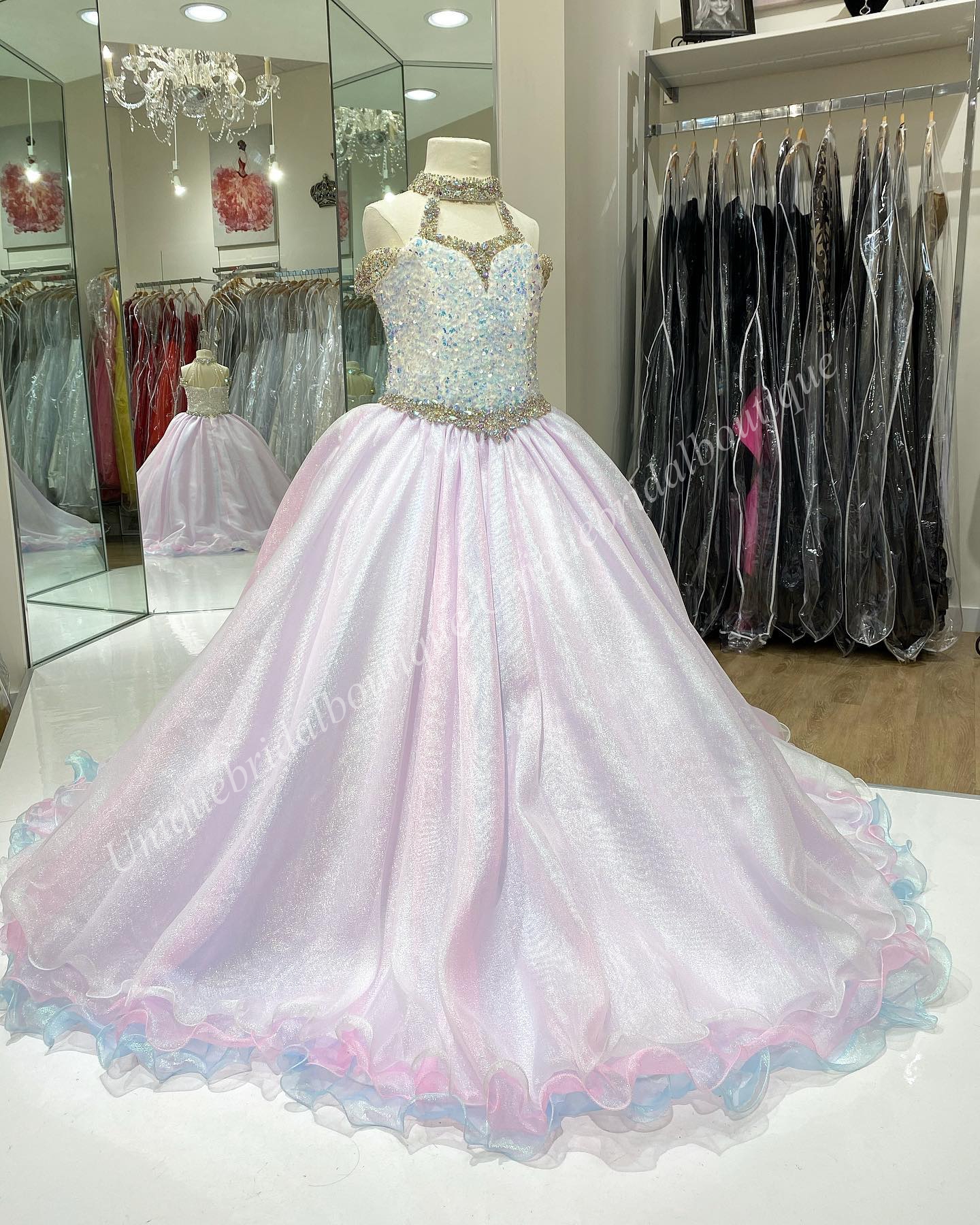 2023 Girls Pageant Dresses unicorn Plus Size Zipper Halter Neck Real-Picture Beading Organza Little Girl Birthday Junior Prom Gown Crystal AB Stones R