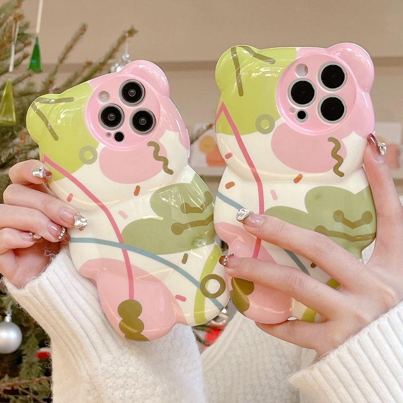 3D Cute Cartoon Bear Cases Pink Ice Cream Melting Graffiti Flowers Butterfly For iPhone 14 13 Pro Max 13 12 11 Pro X XR XS Max Silicone Protective Sho