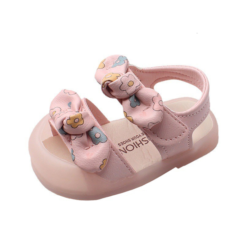Sandals Summer Sweet Princess Shoes Baby Fashion Breathable Flower Print Bowtie Toddler Shoes Soft Bottom Girls' Sandals 230417