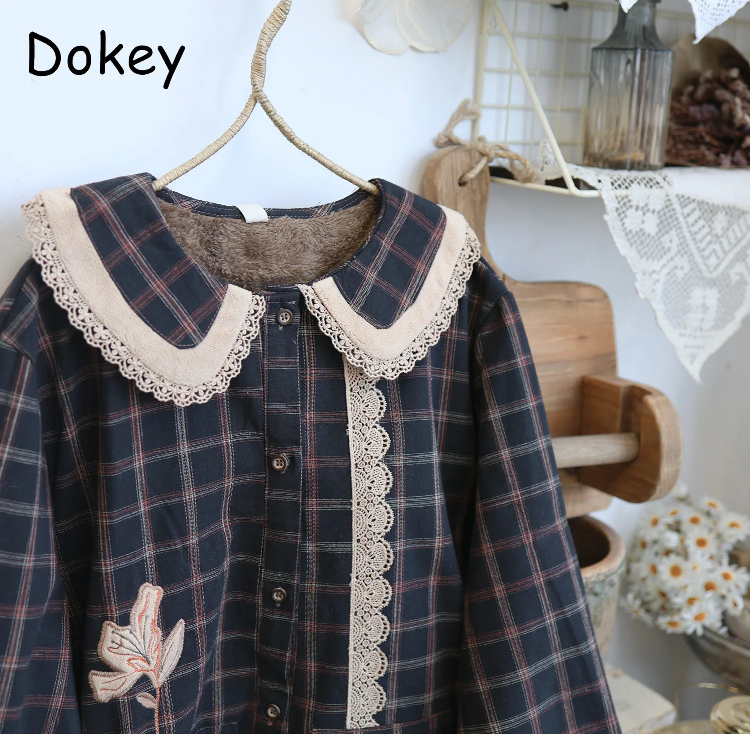 Women's Down Parka's Vintage Plaid Kawaii Parkas Winter Japanese Mori Girl Peter Pan Collar Long Fleece Jacket Thick Warm Cotton Padded Coat