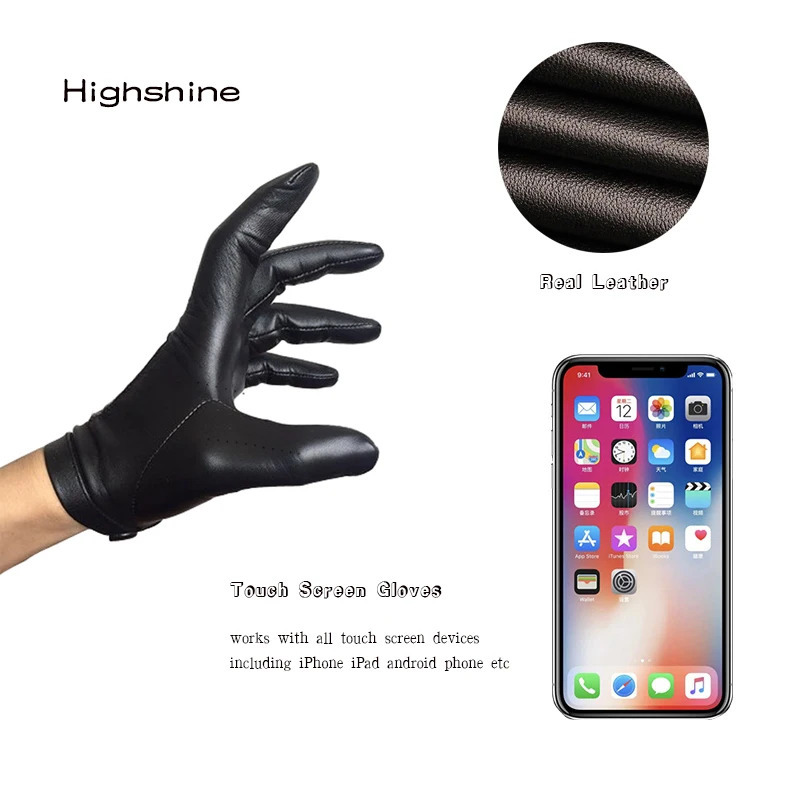 Five Fingers Gloves Men's Unlined Leather Gloves Wrist Button One Whole Piece of Sheep Leather Touch Screen Winter Warm Driving Gloves Black Brow