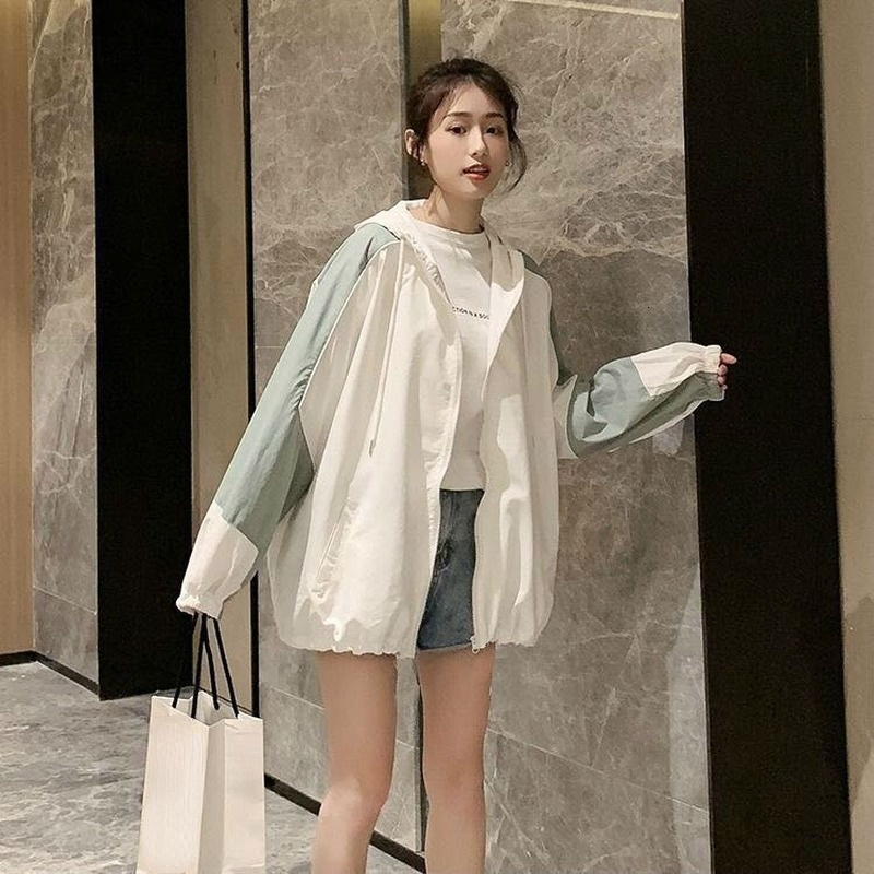 Women's Jackets Basic Jackets Women Fashion All-match Aesthetic Outwear Kawaii Tunic Patchwork Loose Zipper Hooded Clothing Sun-proof Harajuku 23