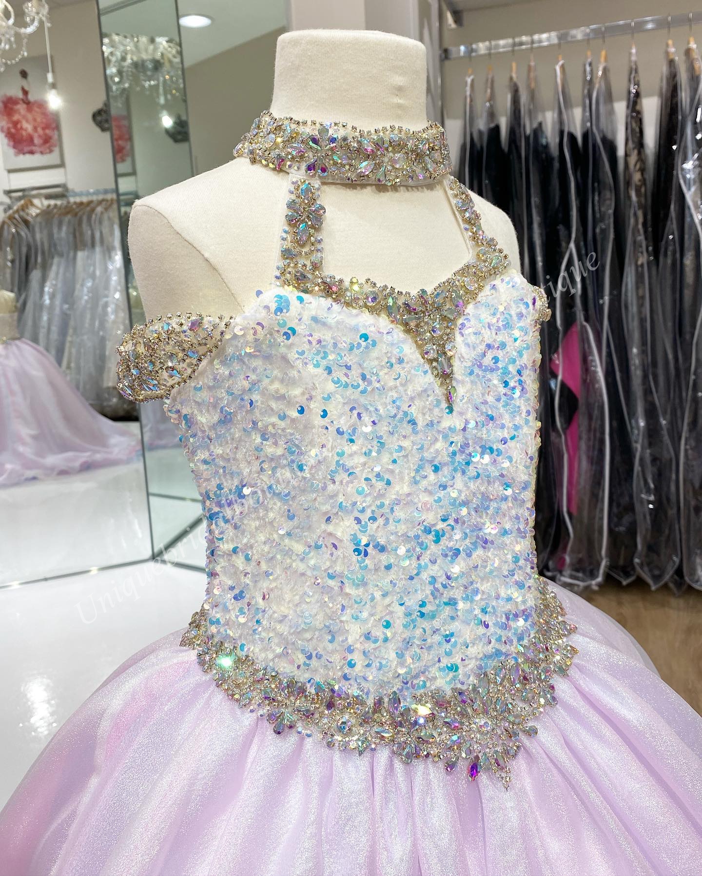 2023 Girls Pageant Dresses unicorn Plus Size Zipper Halter Neck Real-Picture Beading Organza Little Girl Birthday Junior Prom Gown Crystal AB Stones R