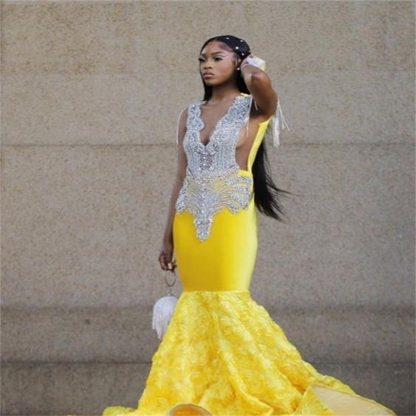 Gorgeous Crystal Yellow Prom Dress For Black Women Plus Size Mermaid 3D Floral Evening Gowns Elegant Birthday Formal Party Wear 2023 Robes De Bal Vest