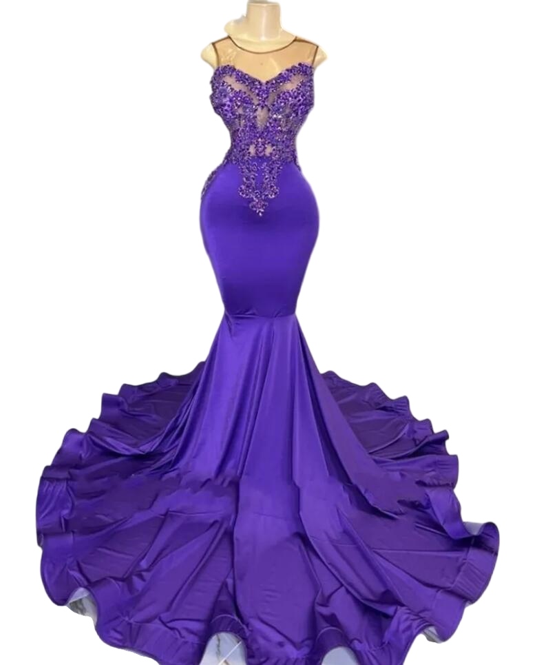 Purple Sheer O Neck Long Prom Dresses For Black Girls 2023 Beaded Appliques aso ebi Mermaid Evening Gowns robe soiee