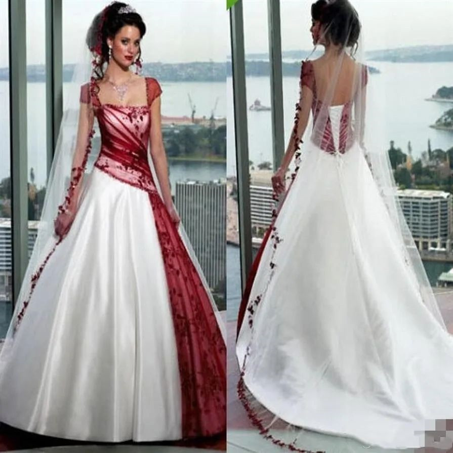 Vintage White And Bury A e Wedding Dress For Women Neck Lace Long Bridal Gowns Appliques Cap Sleeve Plus Size Gothic Corset Country Garden