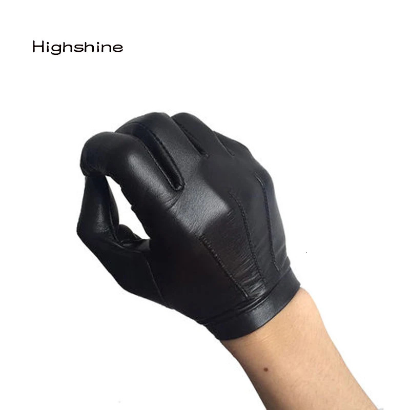 Five Fingers Gloves Men's Unlined Leather Gloves Wrist Button One Whole Piece of Sheep Leather Touch Screen Winter Warm Driving Gloves Black Brow