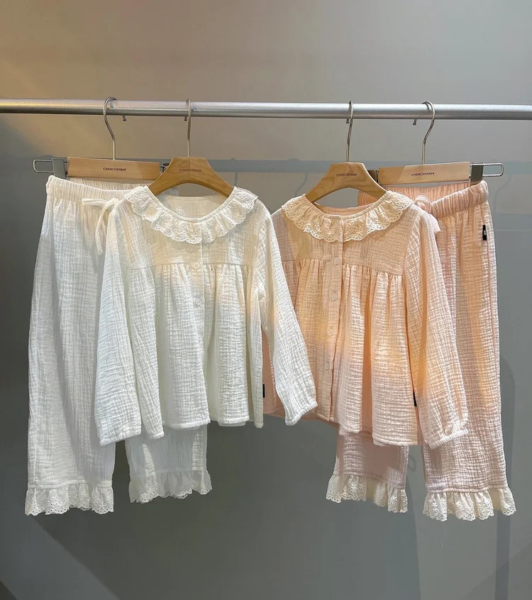 Pajamas Cute Kid Girl's Lolita Round Neck Cotton Crepe Pajama Sets.Toddler Kid's Cardigan Pyjamas Set Home Sleepwear.Children's Clothin