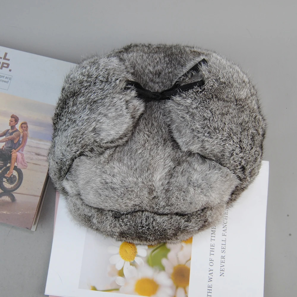 BeanieSkull Caps Men's Warm Natural Rabbit Fur Bomber Hat With Earflaps Winter Men Russian Ushanka Real Hats 231117
