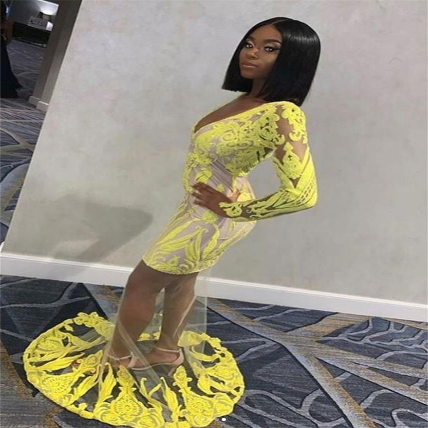 Sexy Yellow Black Girls Prom Dress 2023 Elegant Mermaid Evening Gowns V Neck Floor Length Long Sleeve Birthday Party Graduation Formal Occasion Vestid