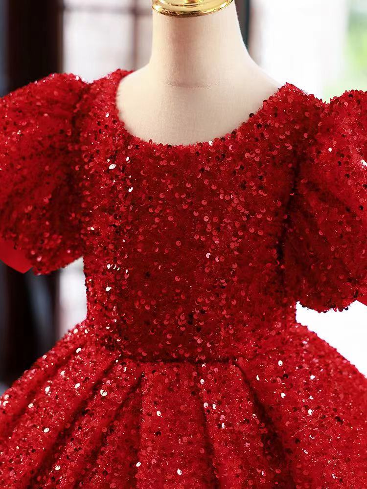 Red Flower Girl Dresses Jewel Neck Ball Gown Lace Appliques Beads Sequined Kids Girls Princess Pageant Dress For Wedding Birthday Party Christmas Gown