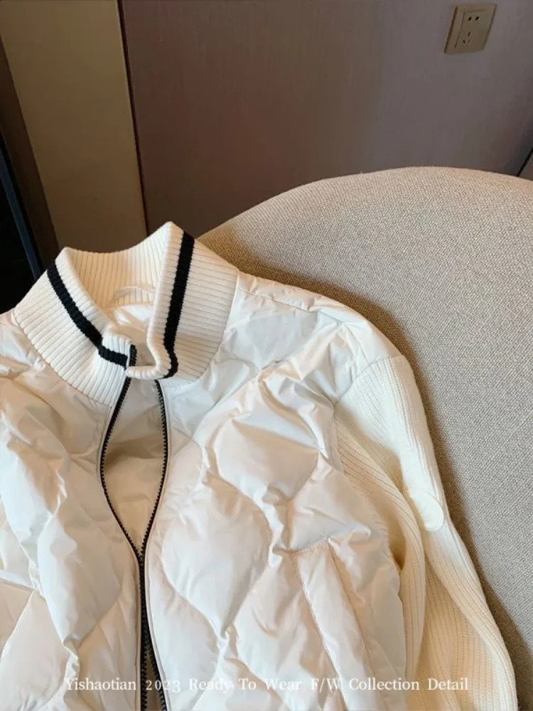 Women's Down Parkas Stand Collar Knitted Mosaic Rhombic Cottonpadded Jacket Women Autumn Winter 2023 Fashion Loose Coats Allmatch Female 231116